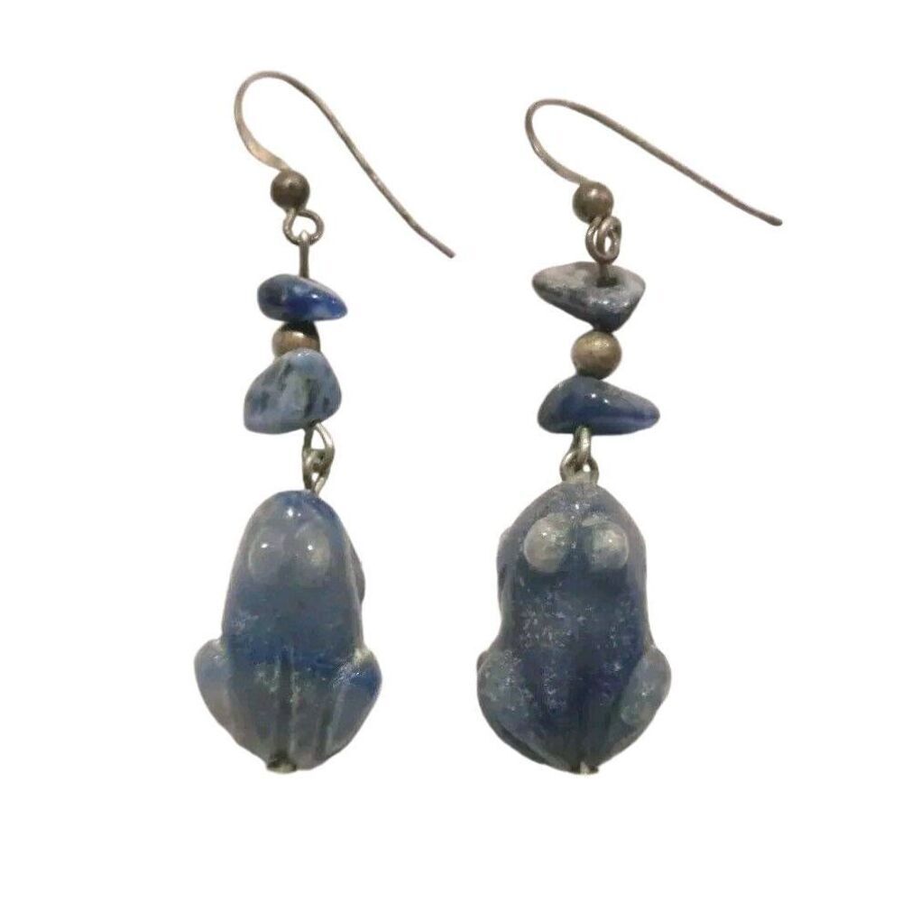 Vintage Lapis Lazuli Frog Dangle Drop Earrings Silver Tone Hook